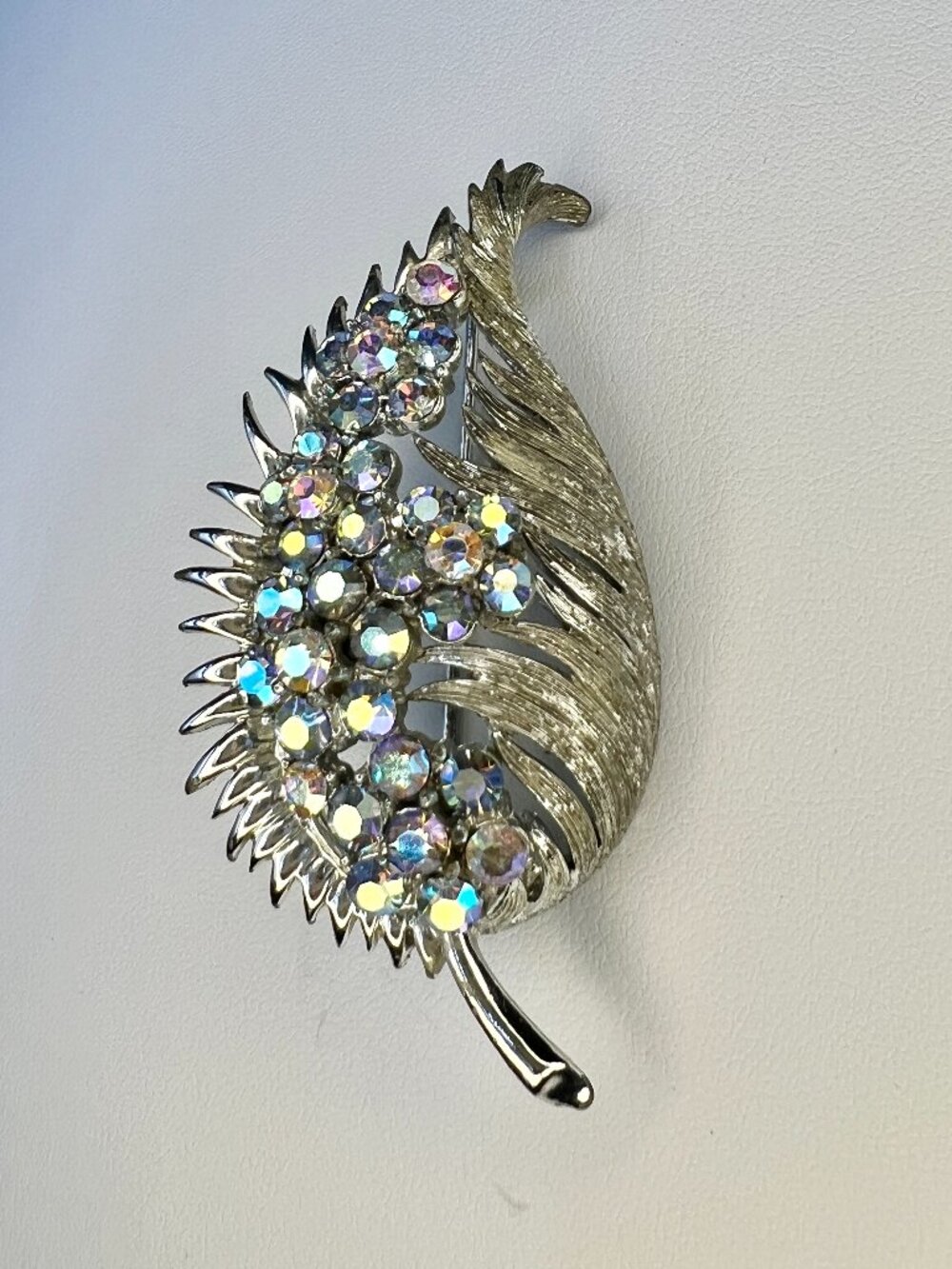 Vintage Coro Rhinestone Brooch Aurora Borealis Feather Pin 1950s 1960s Silver